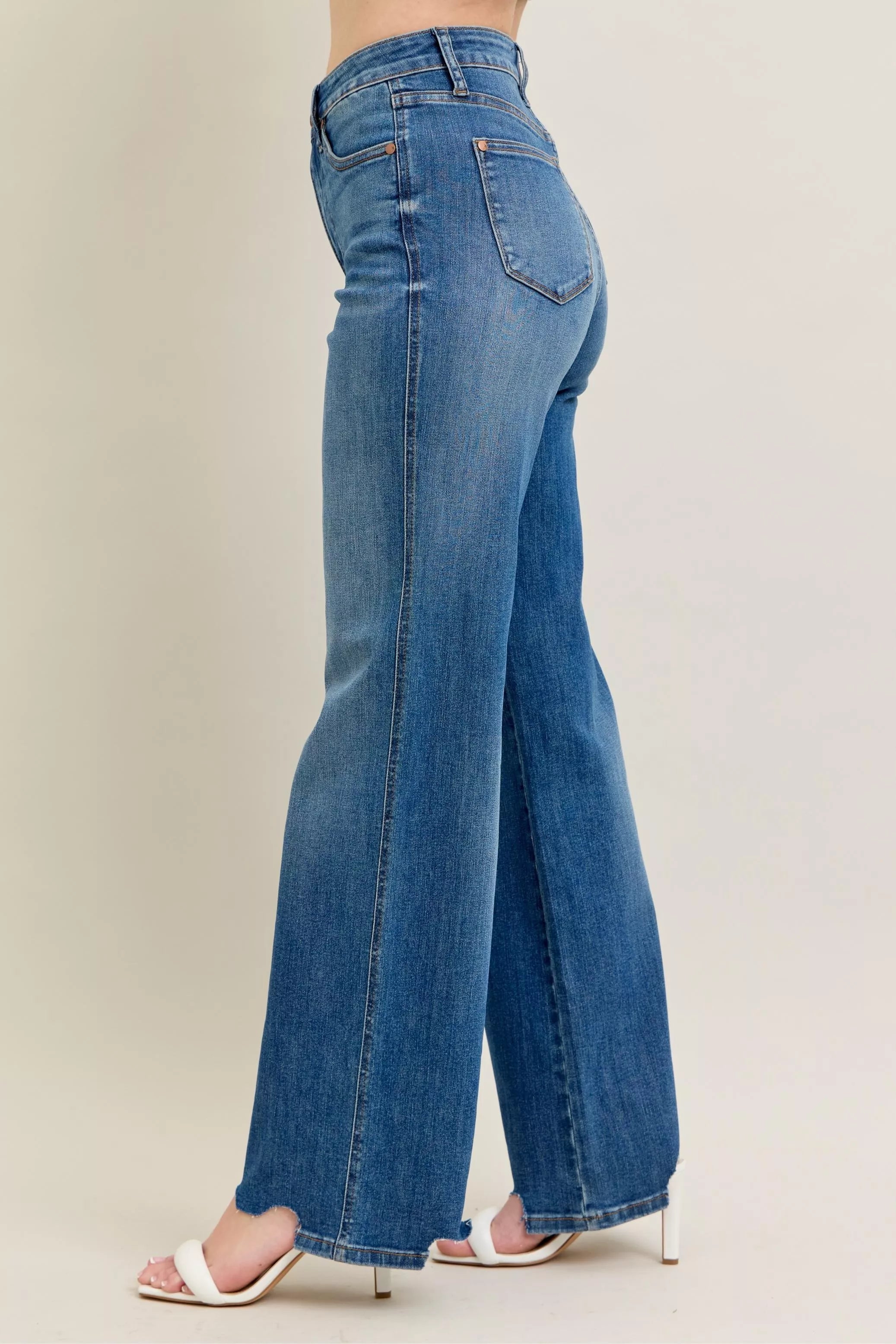 Judy Blue  High Waist Tummy Control Chew Hem Destroy Wide Jeans