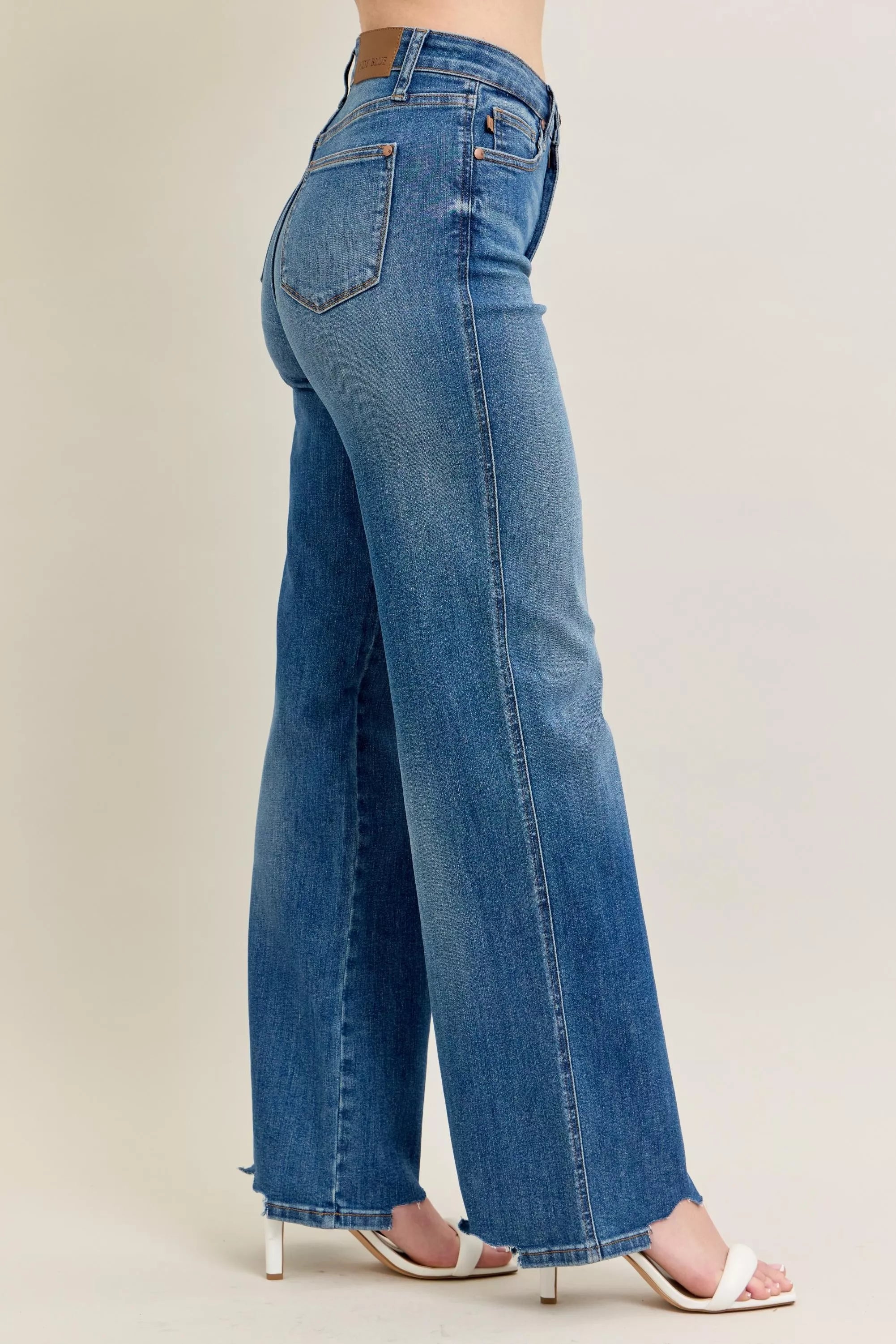 Judy Blue  High Waist Tummy Control Chew Hem Destroy Wide Jeans