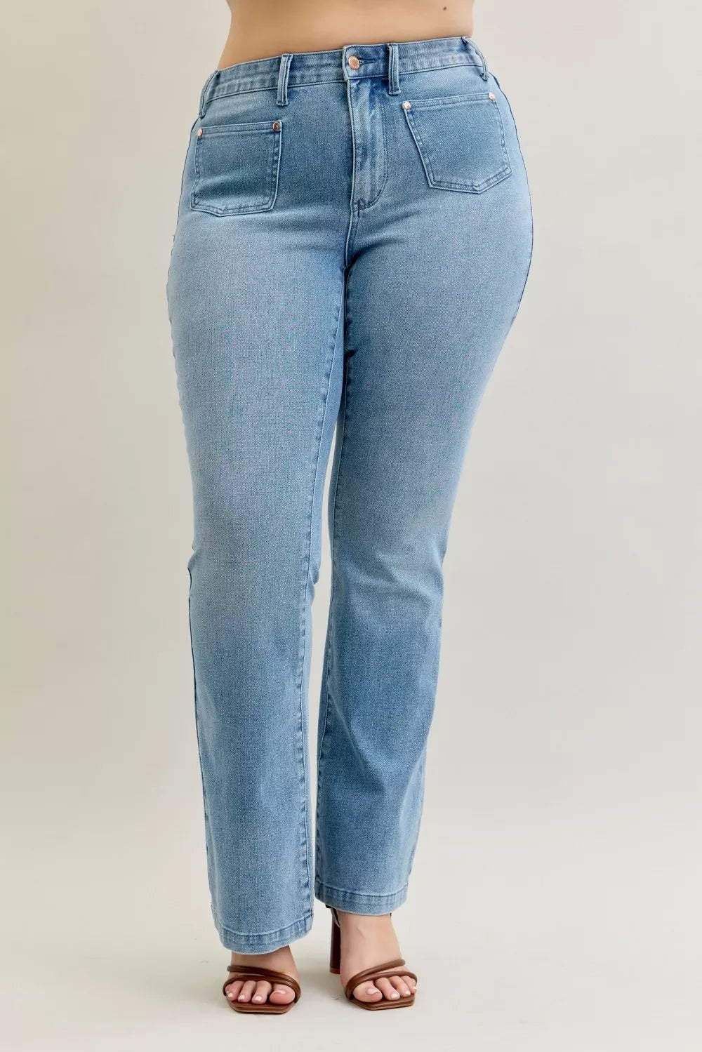 Judy Blue Mid Rise Bootcut Jeans with Contrast Wash Front Patch Pockets