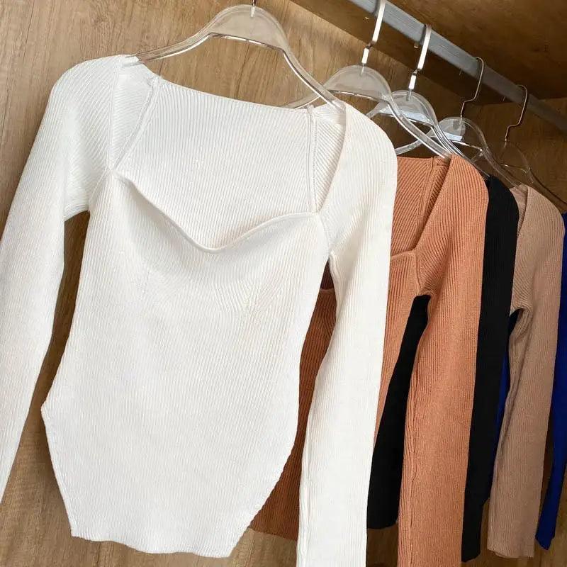 Square Collar Knit Pullover — Black & White
