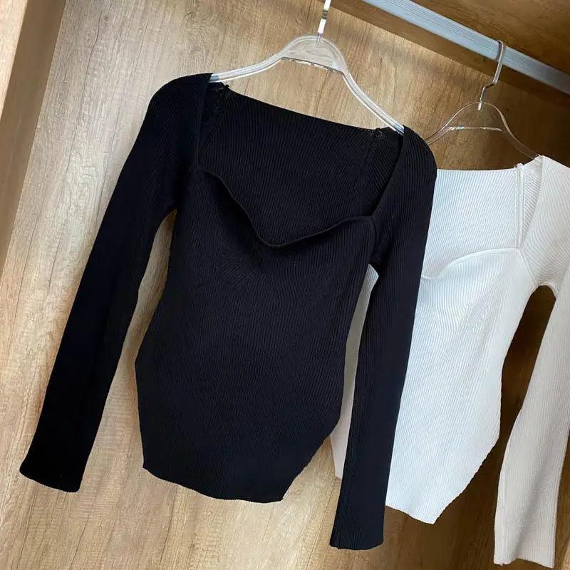 Square Collar Knit Pullover — Black & White